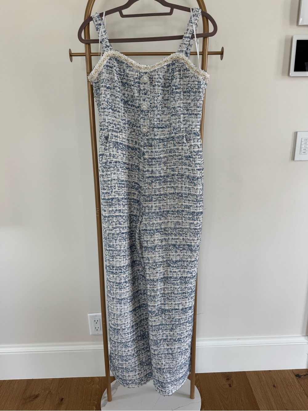 Lulu's Blue & White Tweed Spaghetti-Strap Jumpsuit